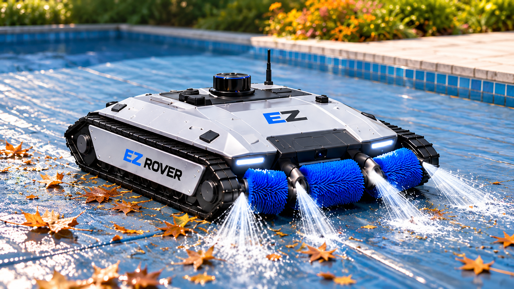 Approved EZ Rover concept rendering with angled side tracks, silver body, three blue front roller brushes and outward water sprays